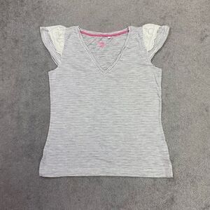 Boden Womens Pinstriped Cap Sleeve Lace Trim V-neck Top White Black Small